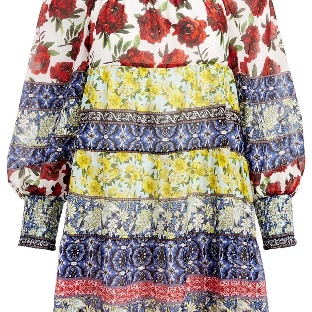 Rowen Smocked-Cuff Square-Neck Tunic Dress in French Quarters